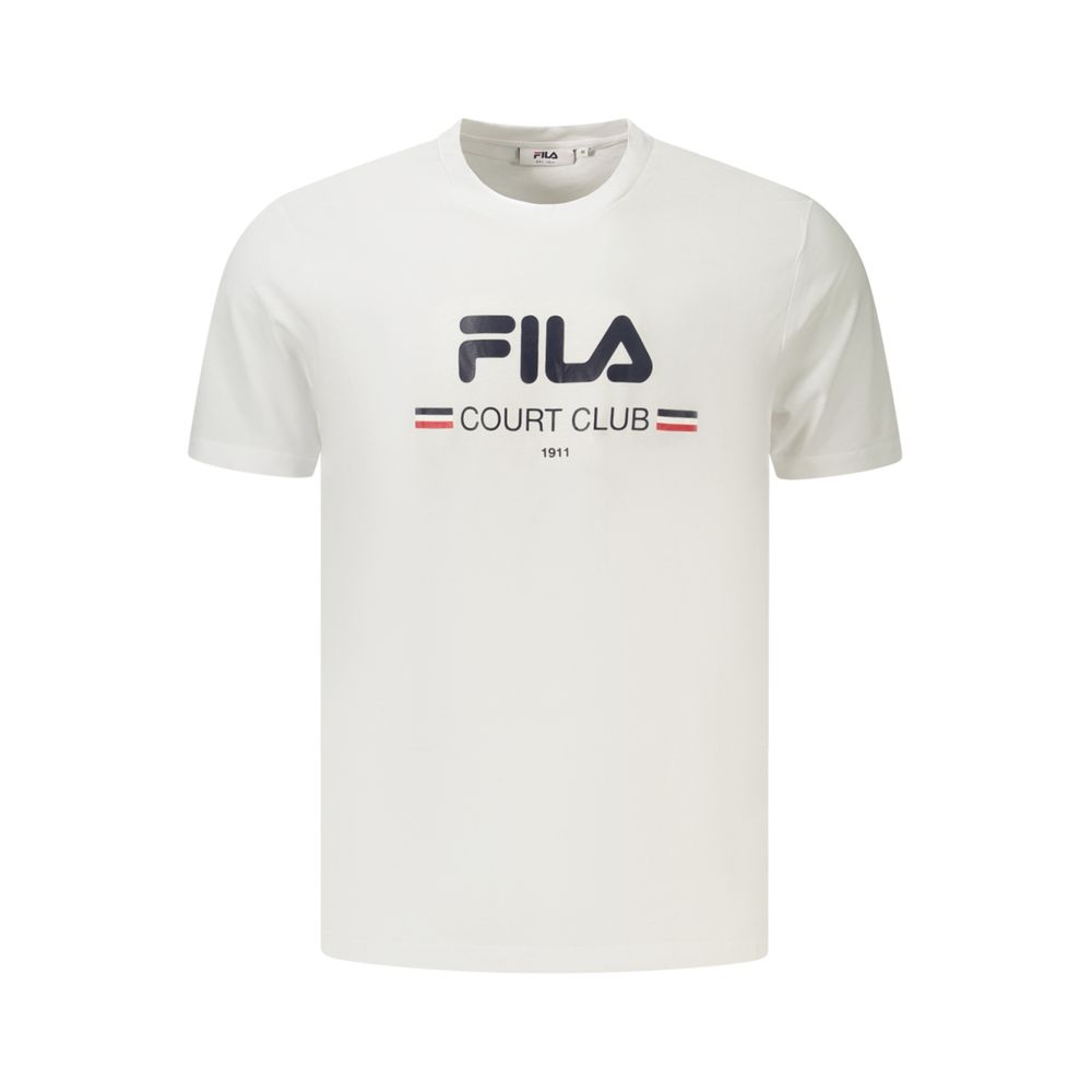White cotton men's T-shirt by Fila, featuring a classic crew neck and short sleeves, displayed flat on a plain background.