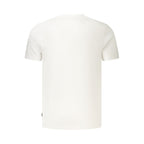 White cotton men's T-shirt by Fila, displayed flat with short sleeves and crew neckline, highlighting casual athletic style.