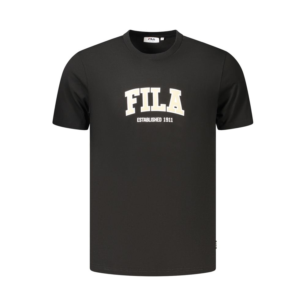 Black cotton men's T-shirt by Fila, featuring a classic crew neck and logo detail, displayed flat on a white background.