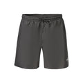 Calvin Klein black polyester men's swimwear with elastic waistband and side logo, suitable for swimming and beachwear.