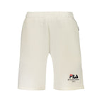 White Fila men's cotton pants with a relaxed fit and elastic waistband, shown on a hanger against a plain background.