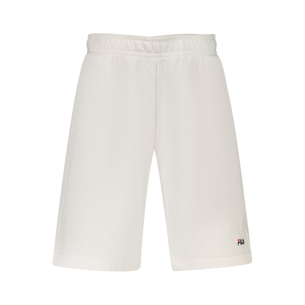 White cotton men's sweatpants by Fila, showing a relaxed fit with elastic waistband and side pockets.