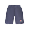 Fila blue cotton men's pants, casual fit with waistband and pockets, shown on a hanger with a plain background.
