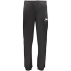 Black cotton men's trousers by Fila, featuring a slim fit design and classic style, shown on a plain background.