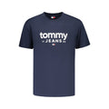 Tommy Hilfiger blue cotton men's T-shirt with crew neck and short sleeves, displayed flat on a white background.