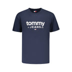 Tommy Hilfiger blue cotton men's T-shirt with crew neck and short sleeves, displayed flat on a white background.