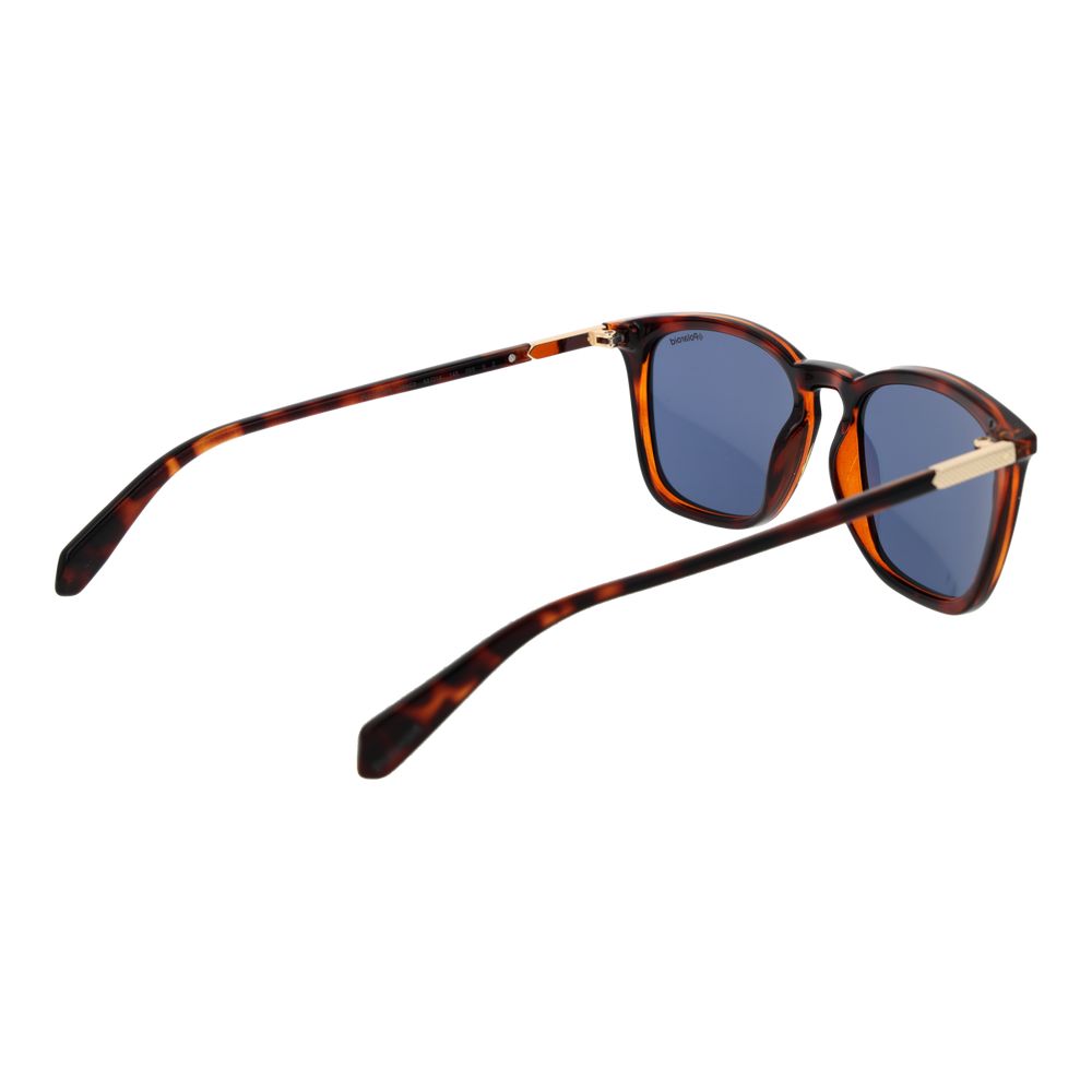 Polaroid brown polycarbonate sunglasses with rounded frames and tinted lenses, stylish and durable for outdoor wear.