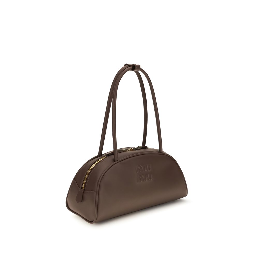 Miu Miu brown calf leather Bos Taurus shoulder bag with gold-tone hardware and adjustable strap, stylish and elegant accessory.