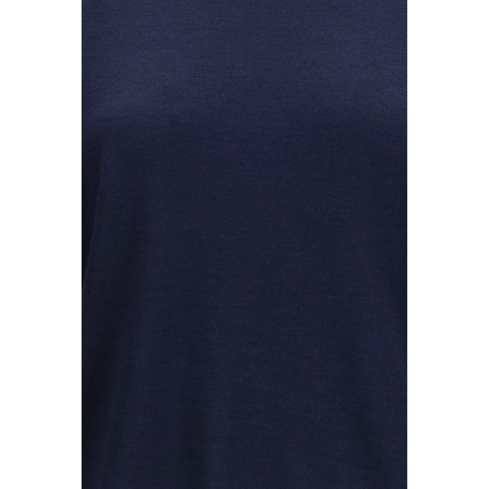 Brunello Cucinelli blue cashmere sleeveless sweater displayed on a hanger, showcasing soft luxury fabric and classic design.