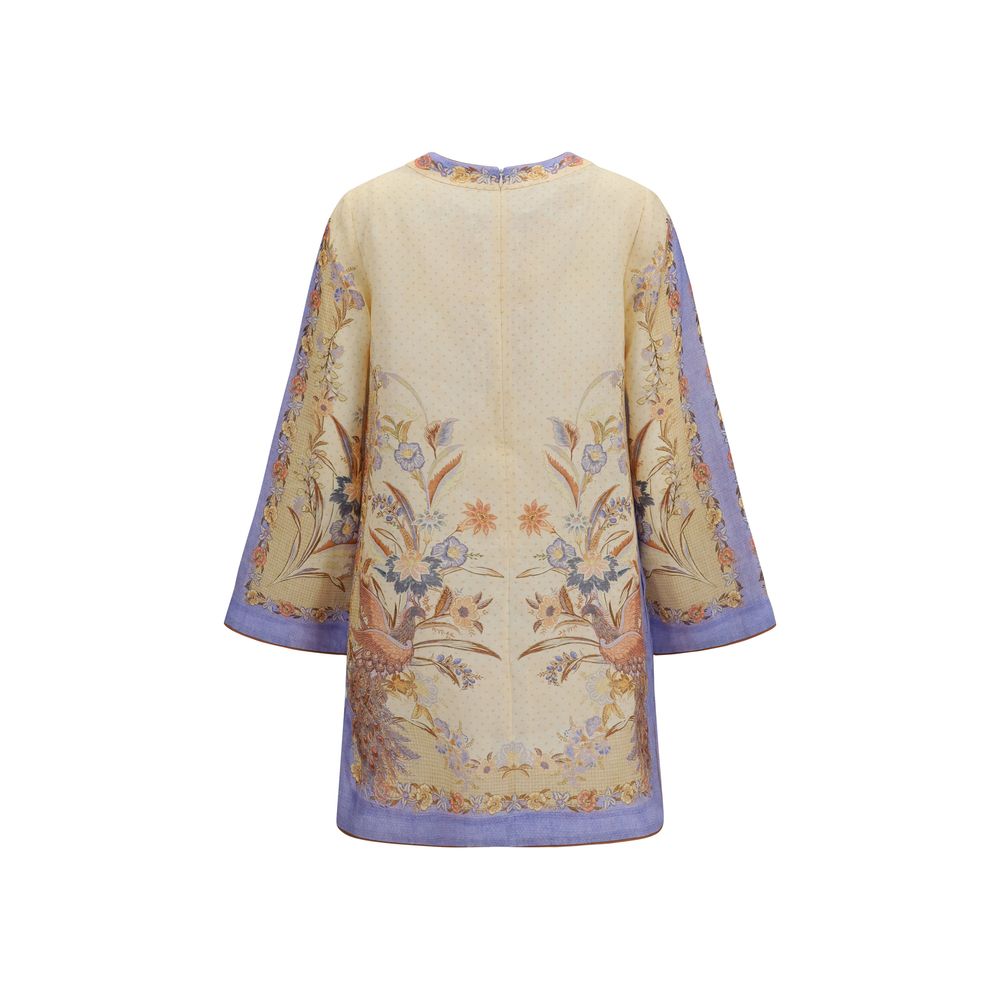 Zimmermann multicolor linen casual dress displayed flat with vibrant patterns and lightweight fabric, perfect for warm weather.