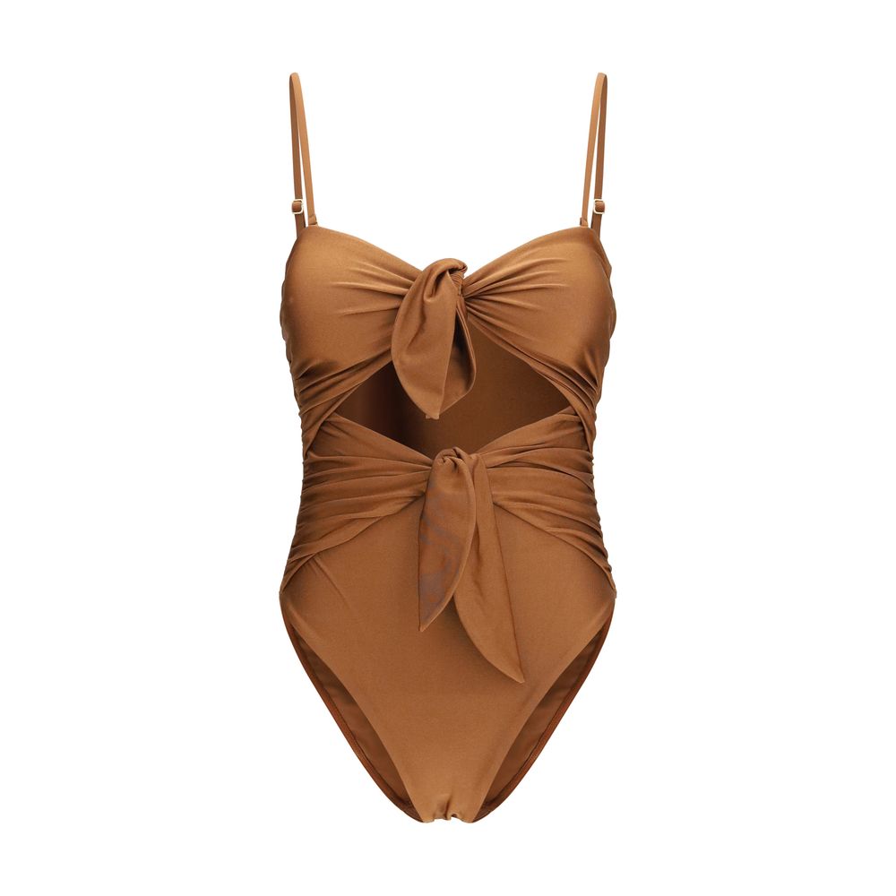 Zimmermann beige polyamide one-piece swimsuit displayed on a model, highlighting its sleek design and classic style.