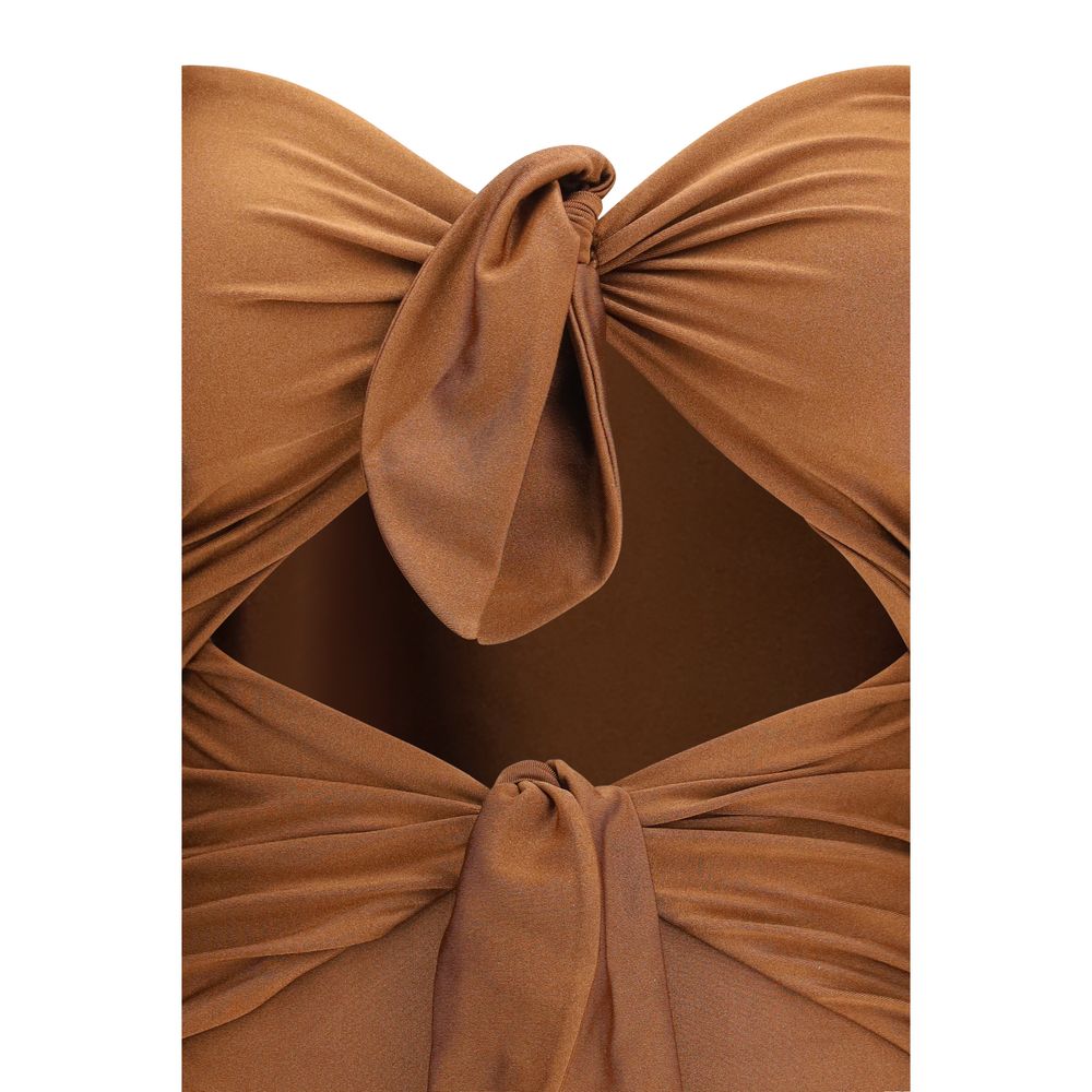 Zimmermann beige polyamide one-piece swimsuit displayed on a mannequin with a plunging neckline and sleek design.