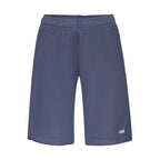 Fila blue cotton men's pants with a relaxed fit, shown hanging on a hanger with a casual style.