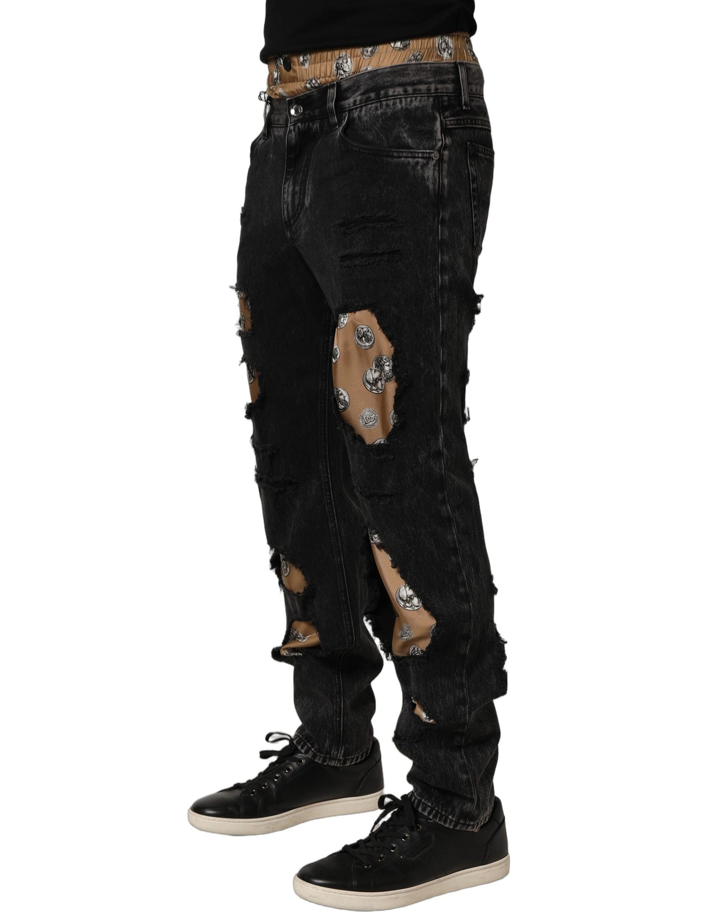 Dolce & Gabbana Black Distressed Cotton Straight Denim Jeans Dolce & Gabbana
