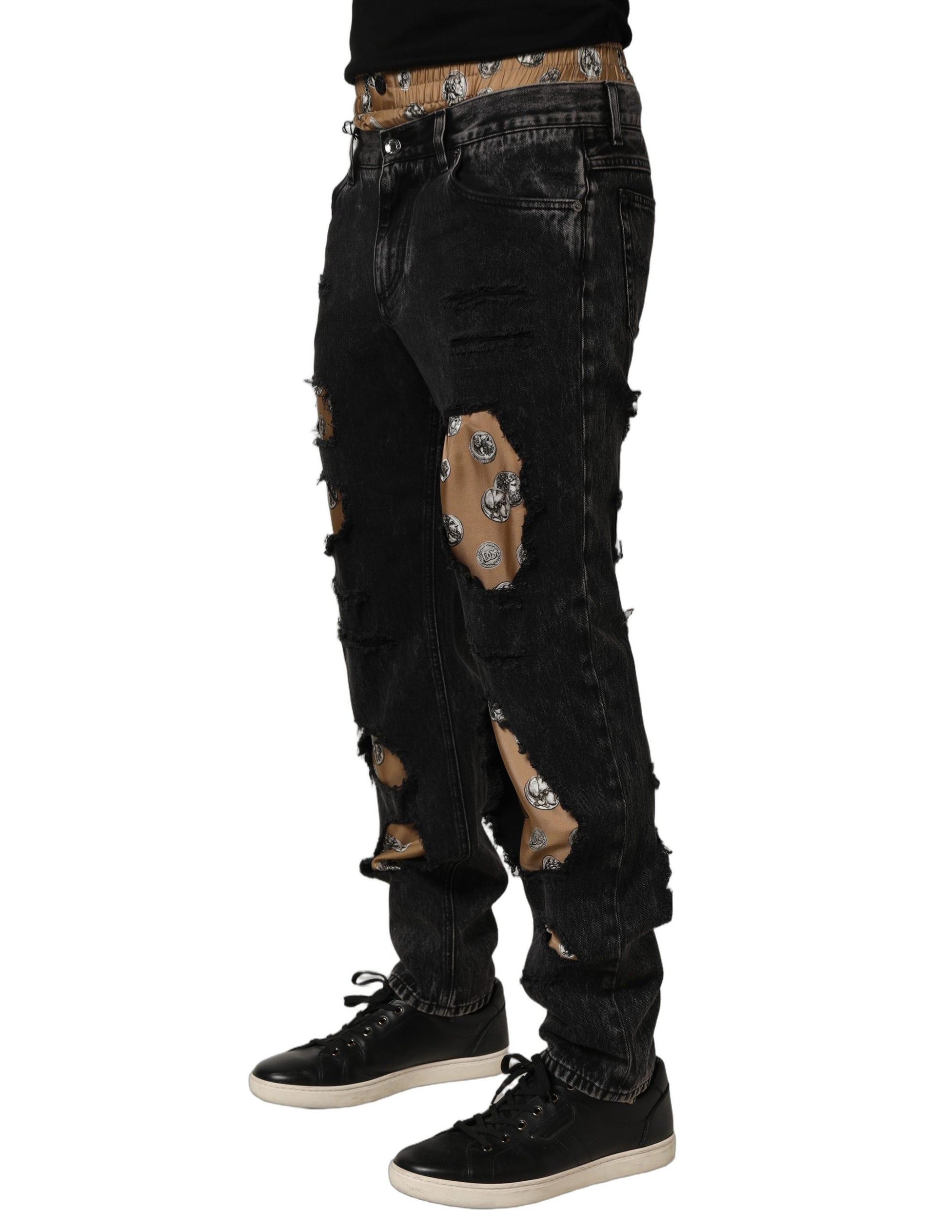 Dolce & Gabbana Black Distressed Cotton Straight Denim Jeans Dolce & Gabbana