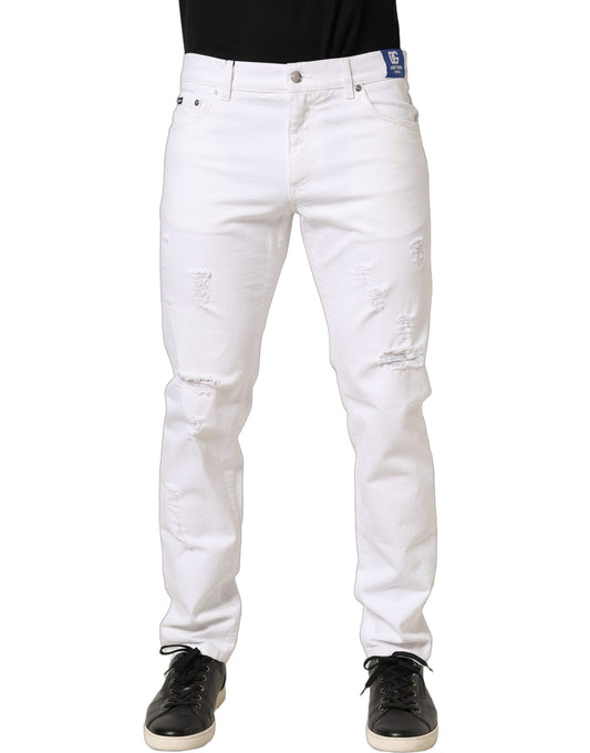 Dolce & Gabbana White Cotton Ripped Slim Fit Men Denim Jeans Dolce & Gabbana