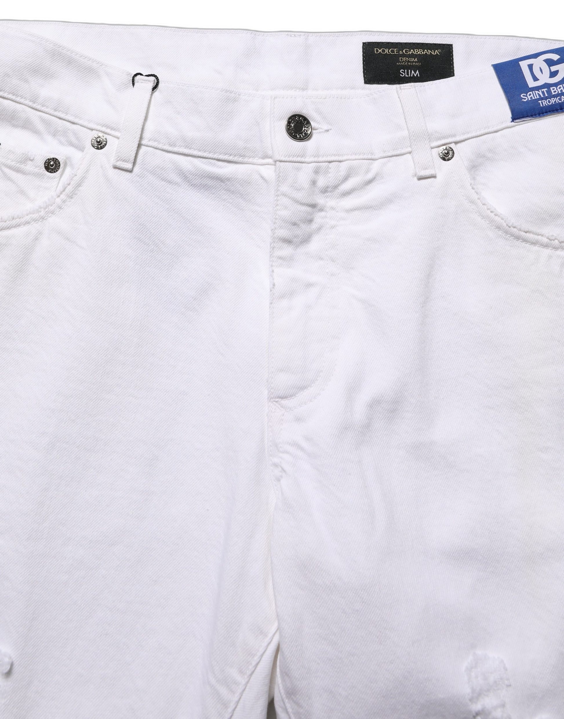 Dolce & Gabbana White Cotton Ripped Slim Fit Men Denim Jeans Dolce & Gabbana