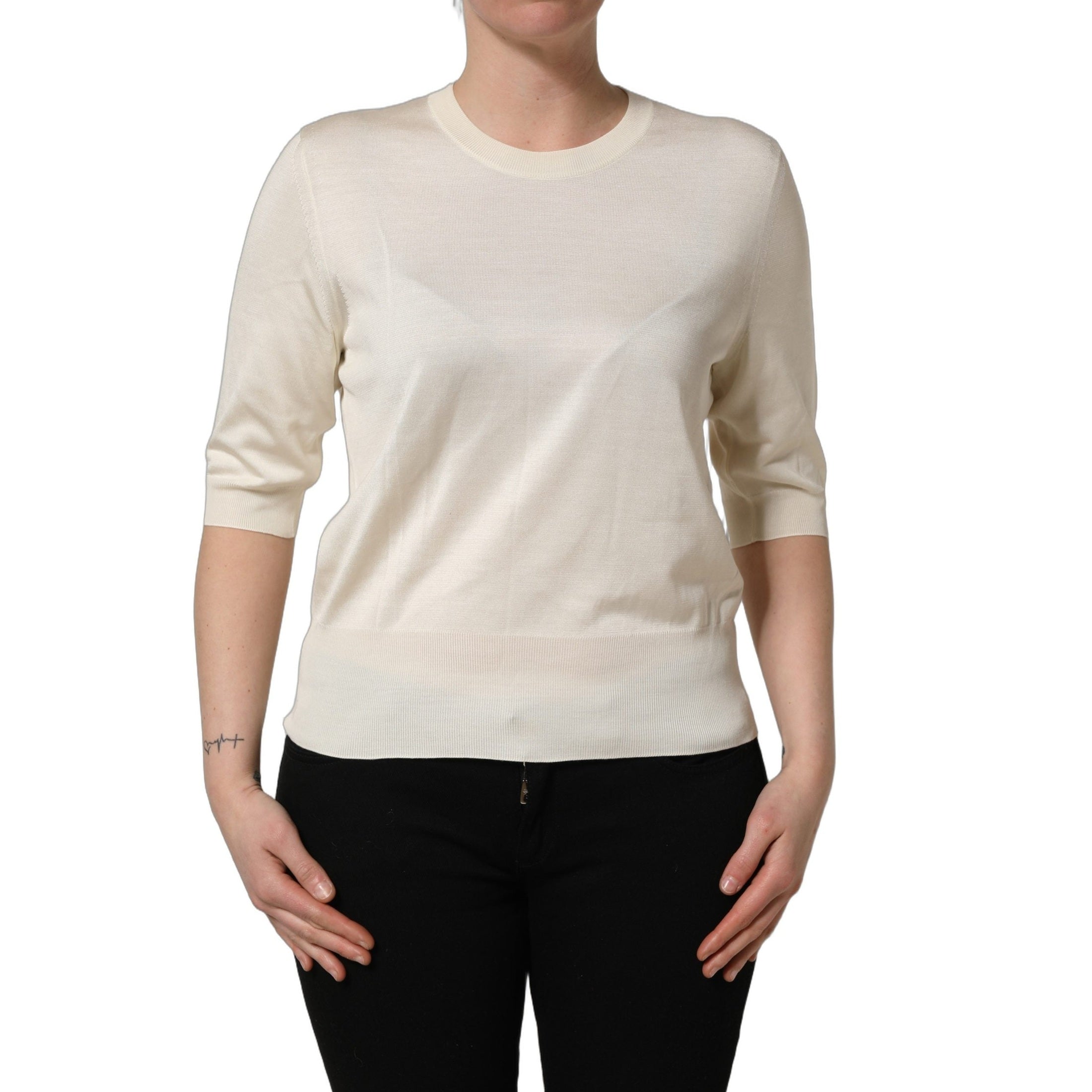 Dolce & Gabbana Off White 3/4 Sleeves Crewneck Pullover Sweater
