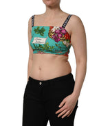 Dolce & Gabbana Turquoise Vegetable Print Silk Crop Tank Top