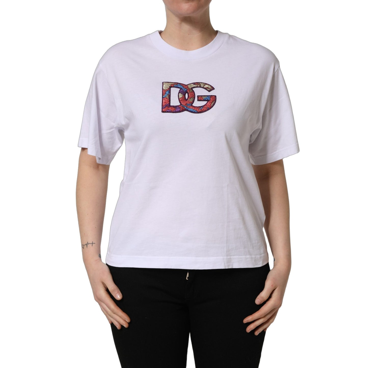 Dolce & Gabbana White Cotton DG Logo Patch Crew Neck T-shirt