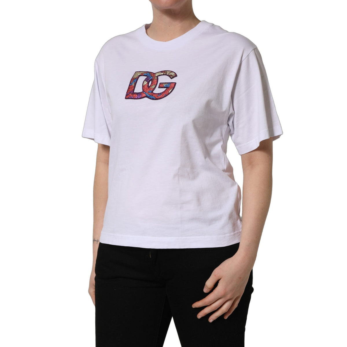 Dolce & Gabbana White Cotton DG Logo Patch Crew Neck T-shirt