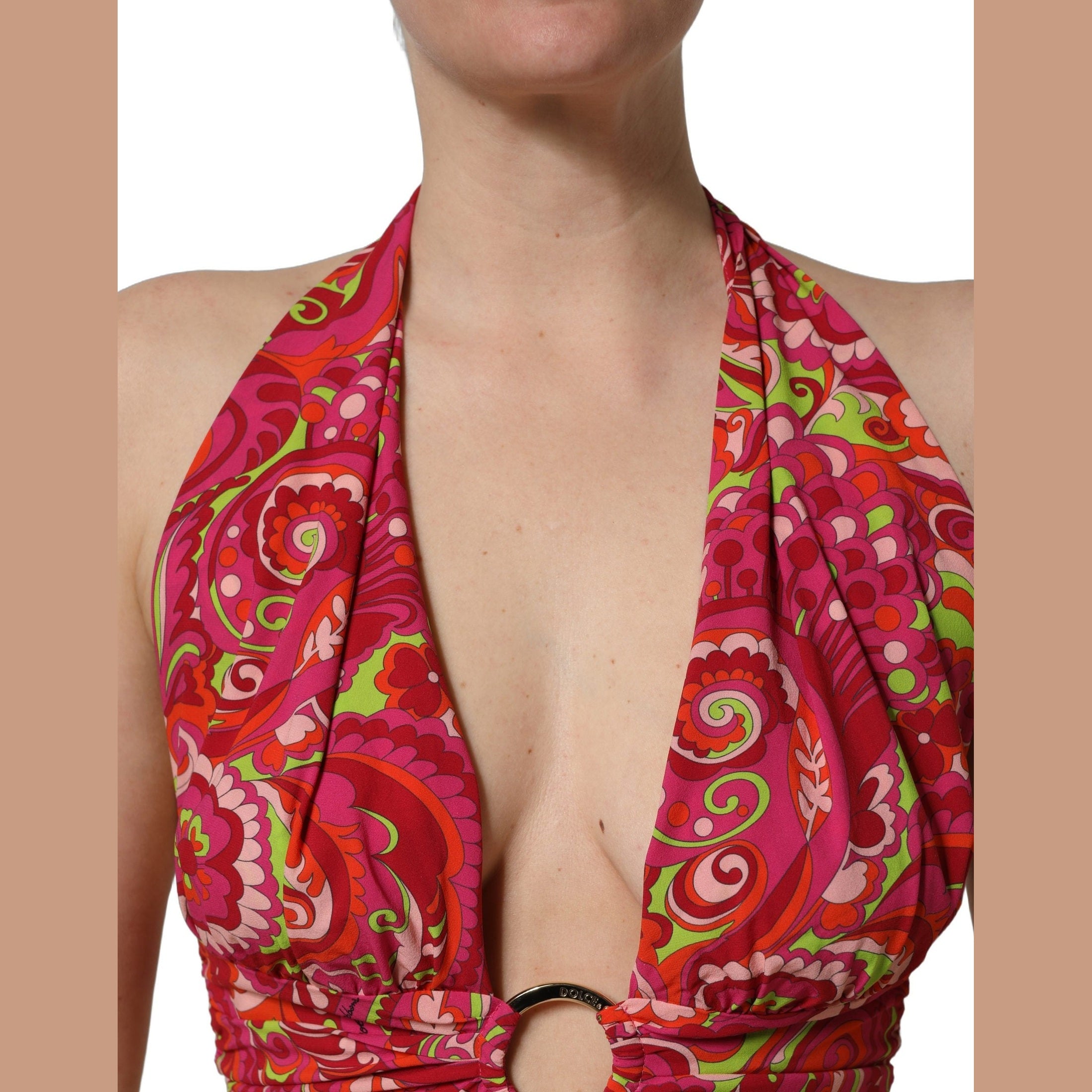 Dolce & Gabbana Red Paisley Silk Halter Neck Crop Tank Top