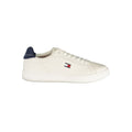 White Tommy Hilfiger men's polyurethane sneaker with a sleek design and white laces on a clean background.