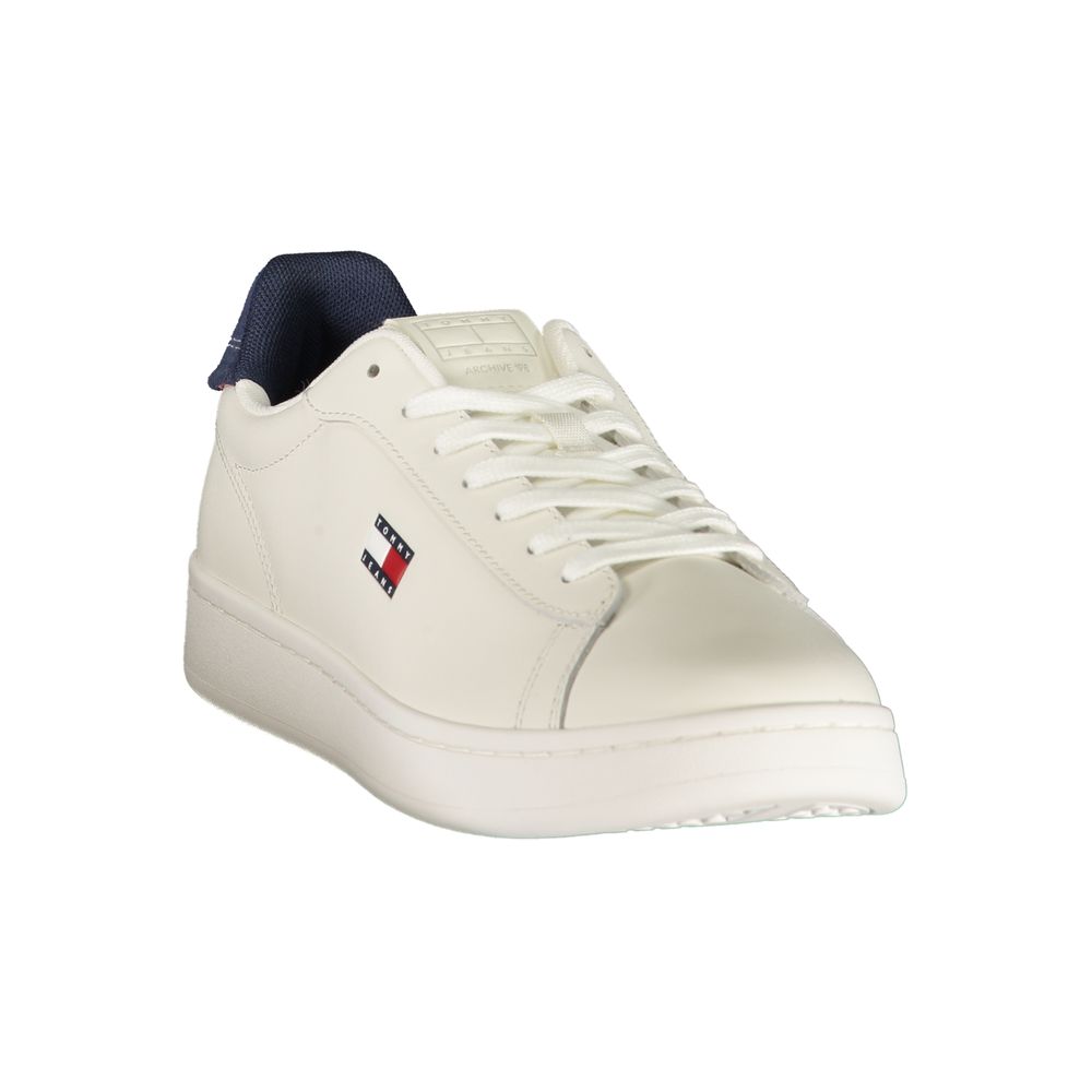White Tommy Hilfiger men's polyurethane sneaker with lace-up design and sporty style, featuring the iconic brand logo.