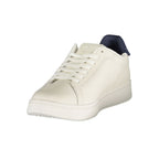 White Tommy Hilfiger men's sneaker with polyurethane upper, casual athletic shoe, featuring a sleek design and brand logo accents.