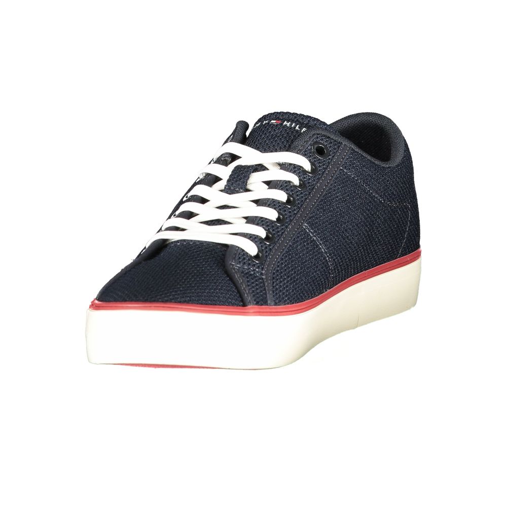 Tommy Hilfiger men's blue polyester sneaker with white sole and laces, stylish casual footwear for everyday wear