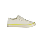 White polyester men's sneaker by Tommy Hilfiger with sleek design and lace-up closure, featuring the iconic logo on the side.