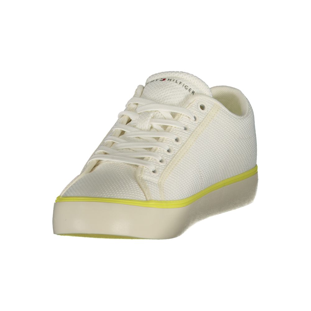 White Tommy Hilfiger men's polyester sneaker with laces, side logo, and sporty design.