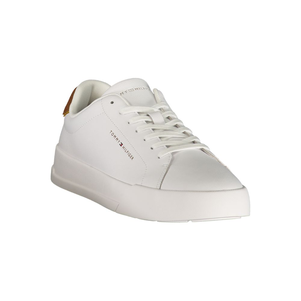 Tommy Hilfiger white leather men's sneaker showing the sleek design and classic branding on the side.