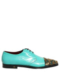Dolce & Gabbana Aqua Blue Embellished Derby Dress Shoes with decorative details and sleek formal design.
