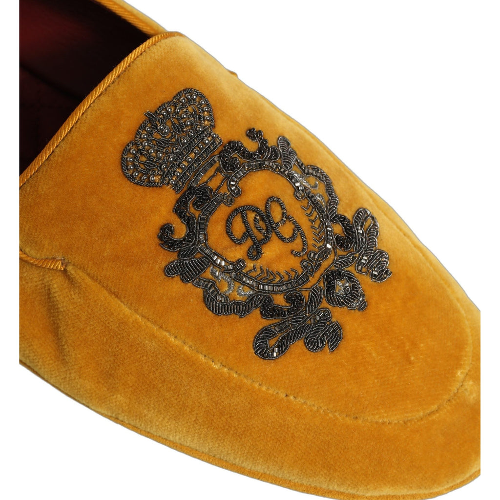 Dolce & Gabbana Yellow Velvet Crown Embroidery Loafers Shoes Dolce & Gabbana