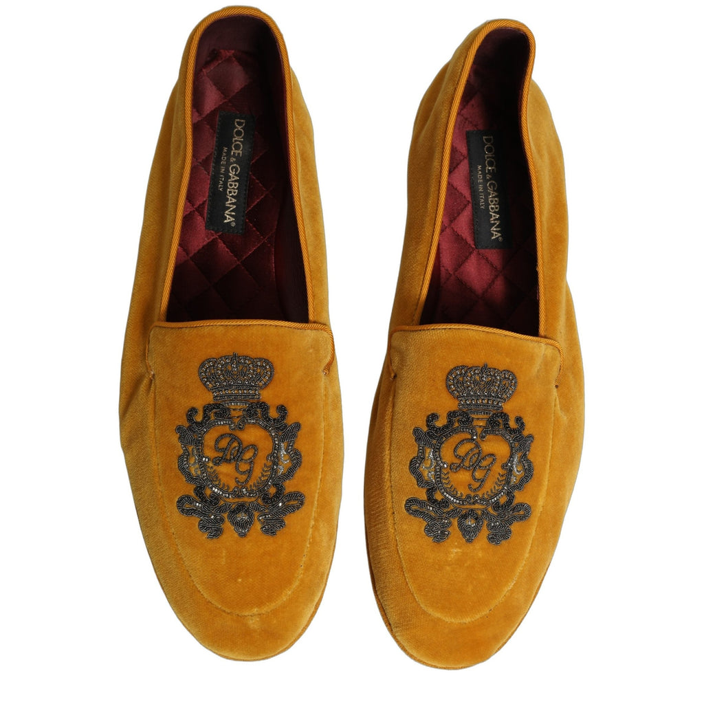 Dolce & Gabbana Yellow Velvet Crown Embroidery Loafers Shoes Dolce & Gabbana
