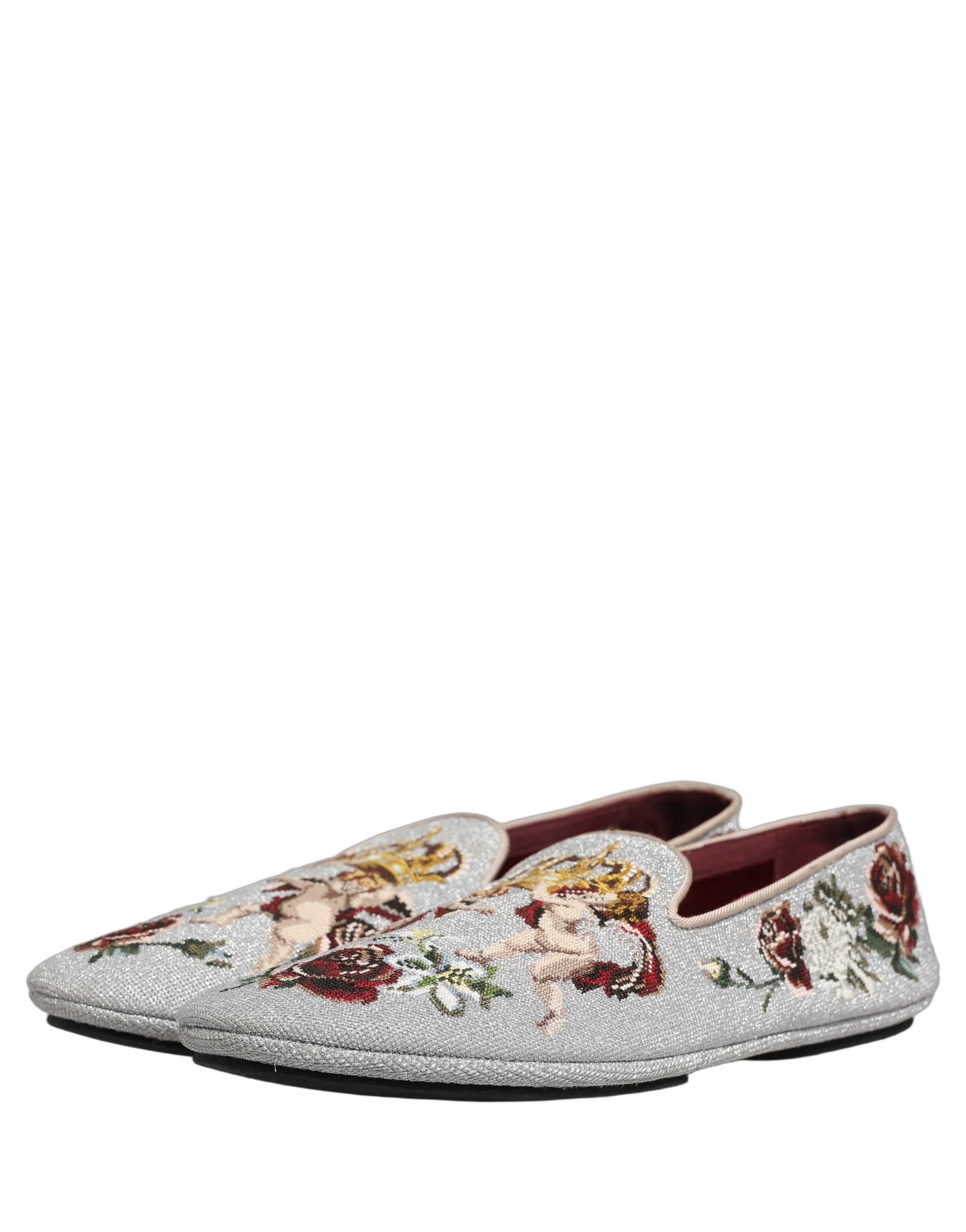 Dolce & Gabbana Gray Crown Rose Angel Embroidery Loafer Shoes Dolce & Gabbana
