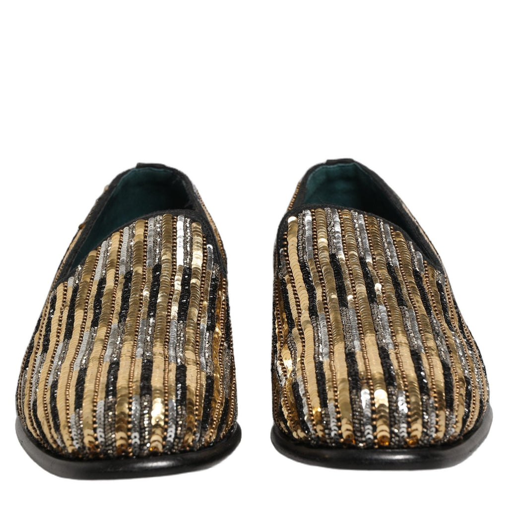Dolce & Gabbana Gold Striped Sequin Embellished Loafer Shoes Dolce & Gabbana