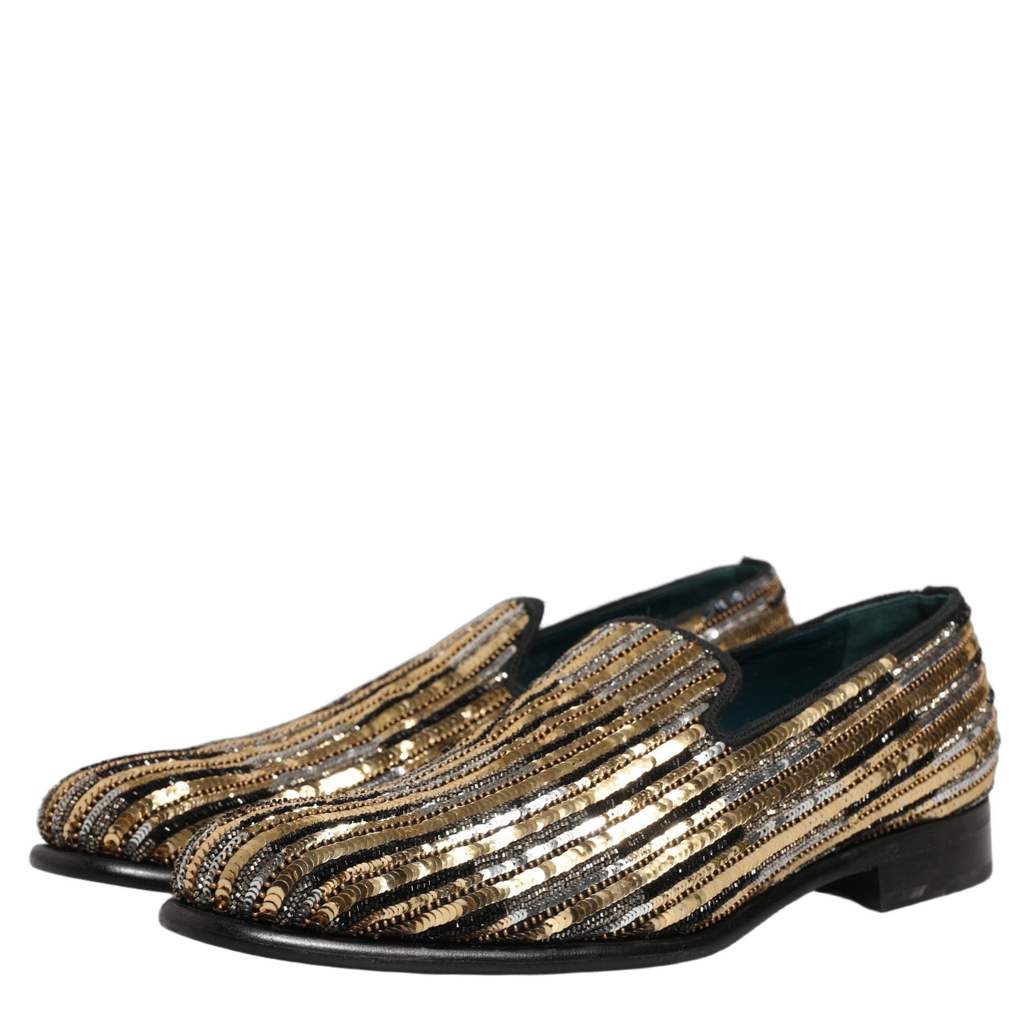 Dolce & Gabbana Gold Striped Sequin Embellished Loafer Shoes Dolce & Gabbana