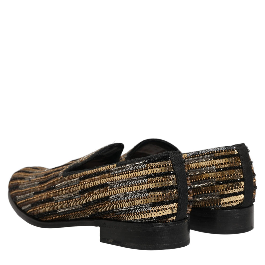 Dolce & Gabbana Gold Striped Sequin Embellished Loafer Shoes Dolce & Gabbana