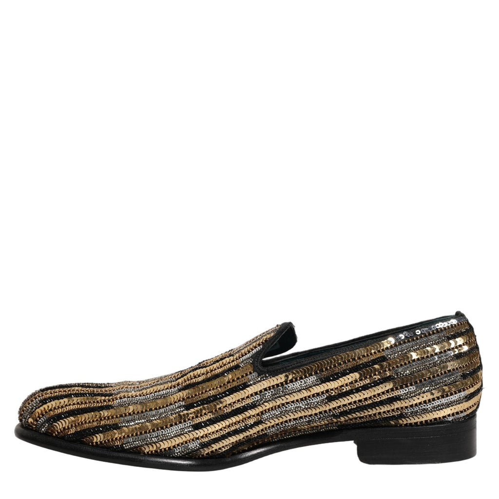 Dolce & Gabbana Gold Striped Sequin Embellished Loafer Shoes Dolce & Gabbana