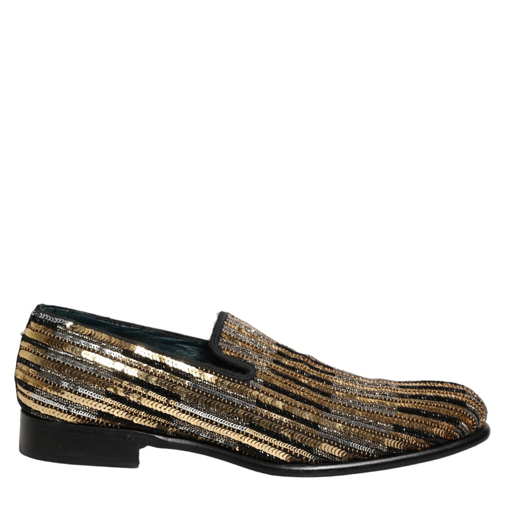 Dolce & Gabbana Gold Striped Sequin Embellished Loafer Shoes Dolce & Gabbana