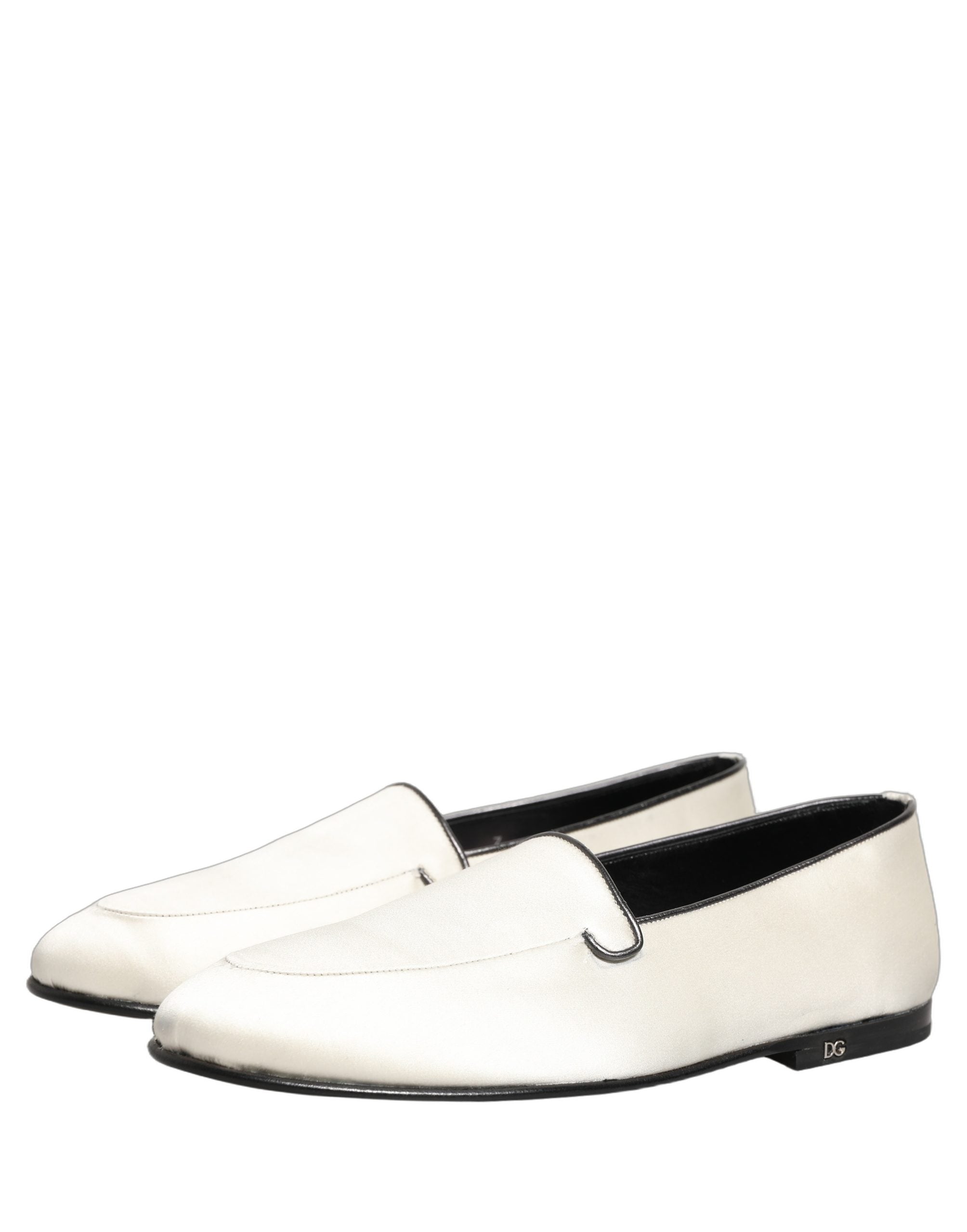 Dolce & Gabbana White Satin Logo Slip On Flats Loafers Shoes Dolce & Gabbana