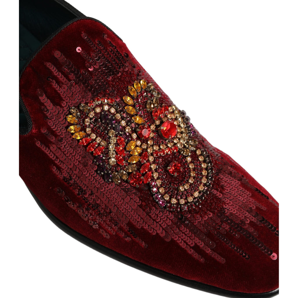 Dolce & Gabbana Maroon Sequin Gemstone Dress Loafers Shoes Dolce & Gabbana