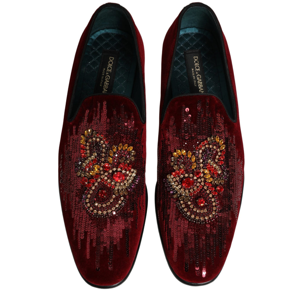 Dolce & Gabbana Maroon Sequin Gemstone Dress Loafers Shoes Dolce & Gabbana