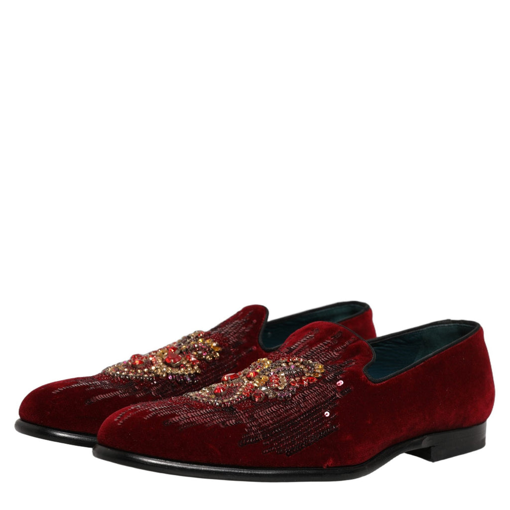 Dolce & Gabbana Maroon Sequin Gemstone Dress Loafers Shoes Dolce & Gabbana