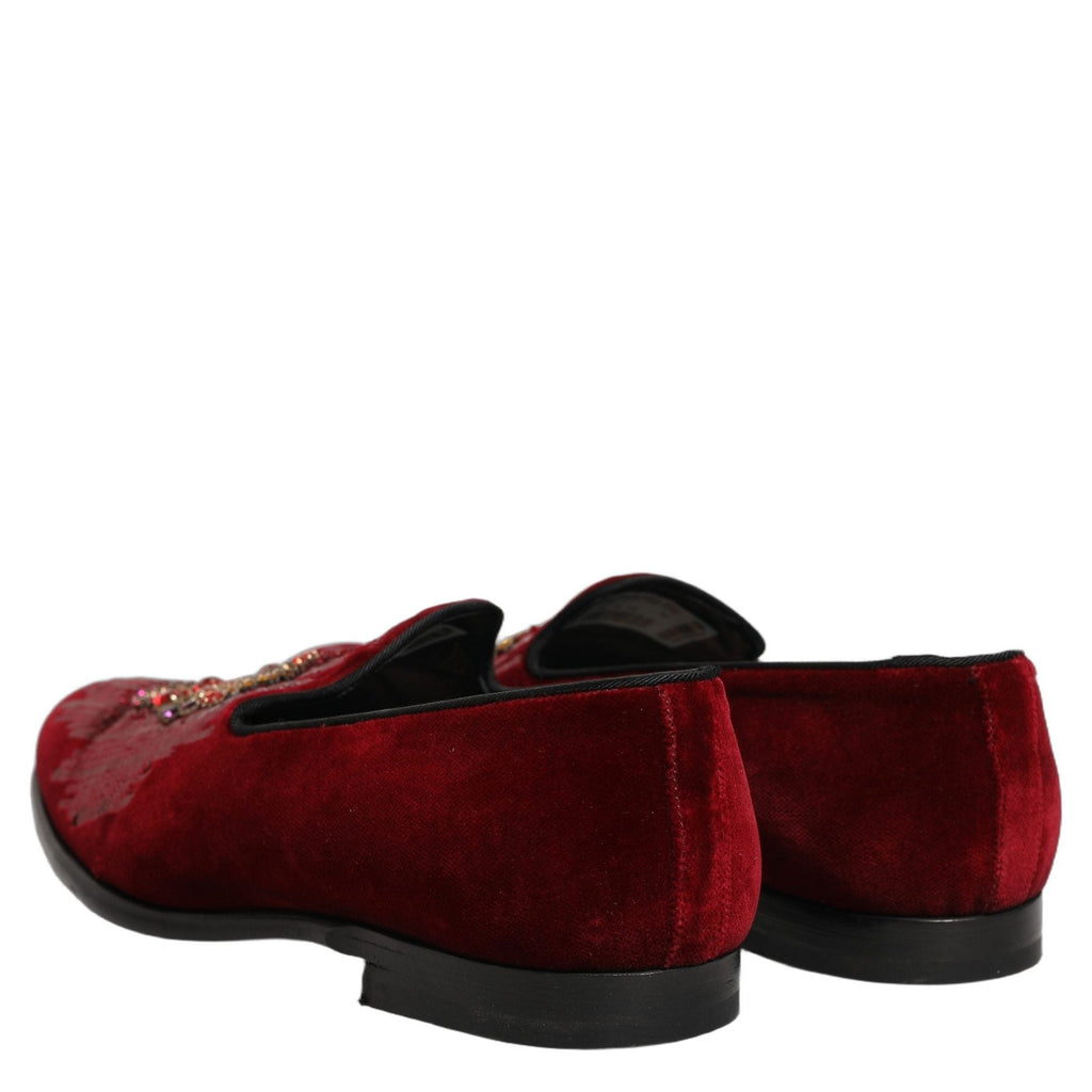 Dolce & Gabbana Maroon Sequin Gemstone Dress Loafers Shoes Dolce & Gabbana
