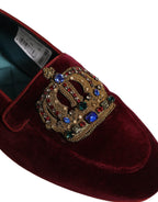 Dolce & Gabbana Burgundy Velvet Crown Slip On Loafers Shoes Dolce & Gabbana