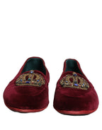 Dolce & Gabbana Burgundy Velvet Crown Slip On Loafers Shoes Dolce & Gabbana