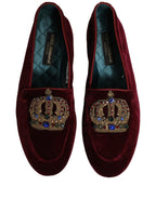 Dolce & Gabbana Burgundy Velvet Crown Slip On Loafers Shoes Dolce & Gabbana